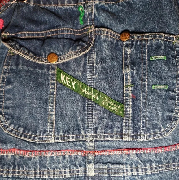 Boho Hippie Vintage Key Denim Floral Embroidered Crochet Over-Alls Maxi Dress - Picture 10 of 10